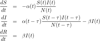 \begin{eqnarray*}\frac{dS}{dt} &=& -\alpha(t)  \frac{S(t)I(t)}{N(t)} \\ \frac{dI}{dt} &=& \alpha(t-\tau)  \frac{S(t-\tau)I(t-\tau)}{N(t-\tau)} - \beta I(t) \\ \frac{dR}{dt}  &=& \beta I(t) \end{eqnarray*}